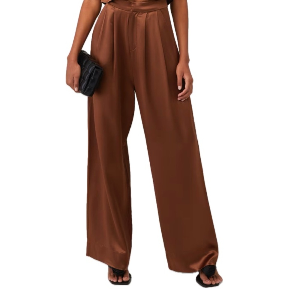 Nonchalant label, Elegant Brown Wide-Leg satin feel Women's Pants, Size S